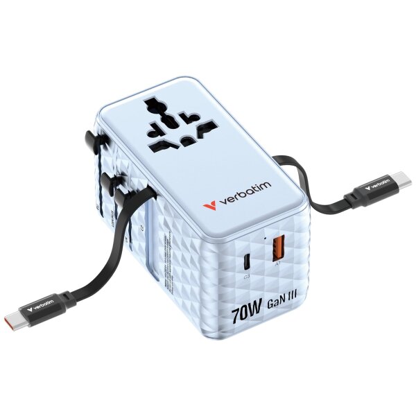 VERBATIM CHARGE N TRAVEL 70W 2C RETRACTABLE UNIVERSAL TRAVEL ADAPTER BLUE