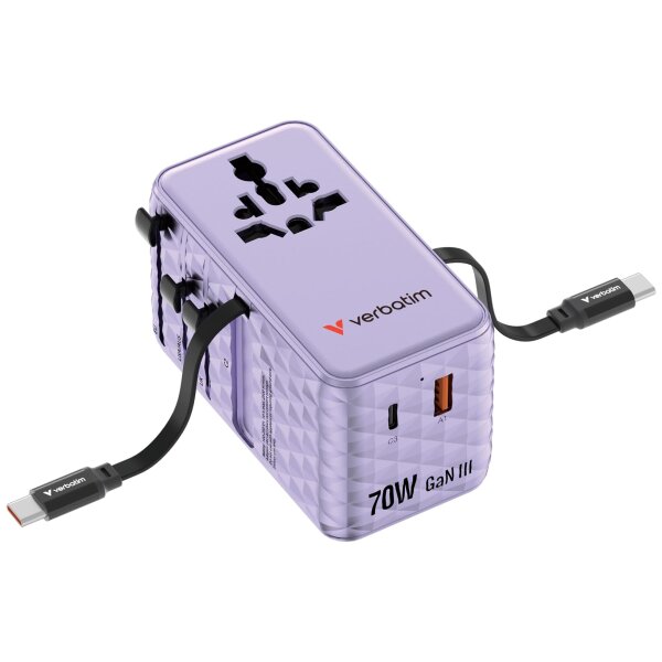 VERBATIM CHARGE N TRAVEL 70W 2C RETRACTABLE UNIVERSAL TRAVEL ADAPTER PURPLE