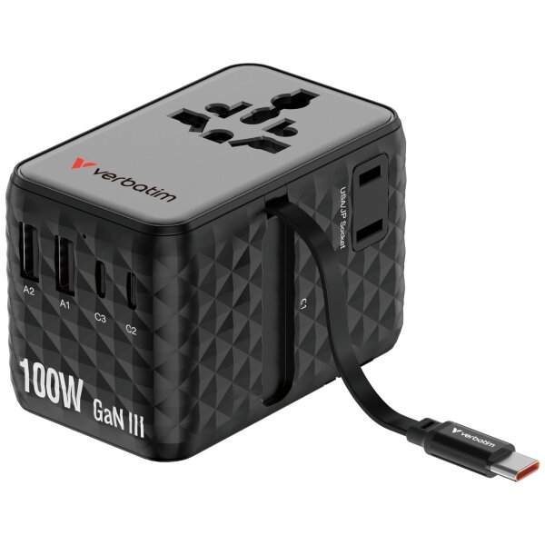 VERBATIM CHARGE N TRAVEL 100W UNIVERSAL TRAVEL ADAPTER WITH RETRACTABLE CABLE BLACK