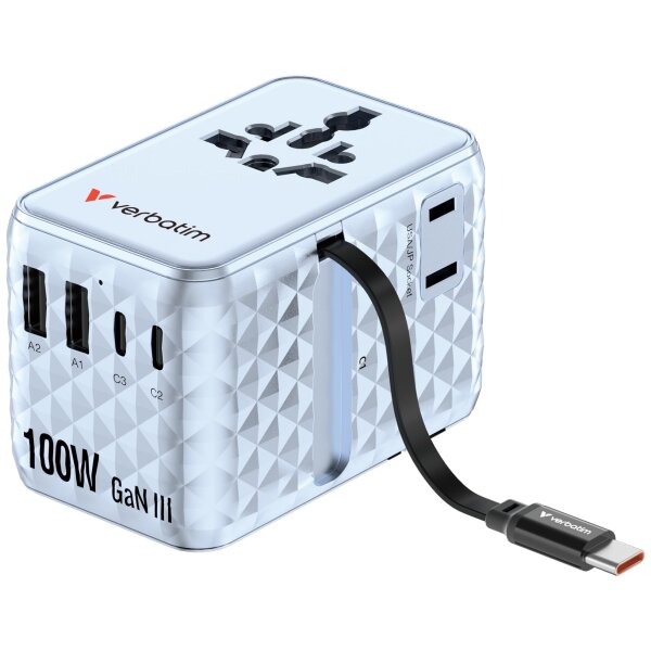 VERBATIM CHARGE N TRAVEL 100W UNIVERSAL TRAVEL ADAPTER WITH RETRACTABLE CABLE BLUE