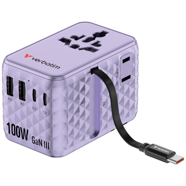 VERBATIM CHARGE N TRAVEL 100W UNIVERSAL TRAVEL ADAPTER WITH RETRACTABLE CABLE PURPLE
